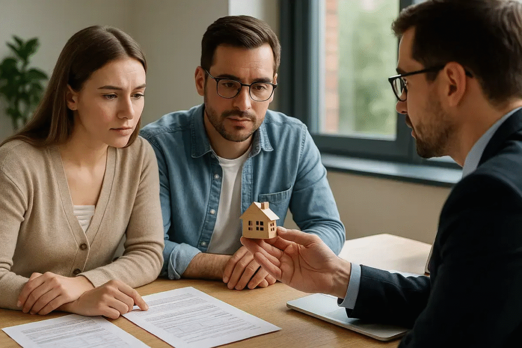 Homeowners reviewing mortgage documents to understand the pros and cons of a mortgage amortization extension