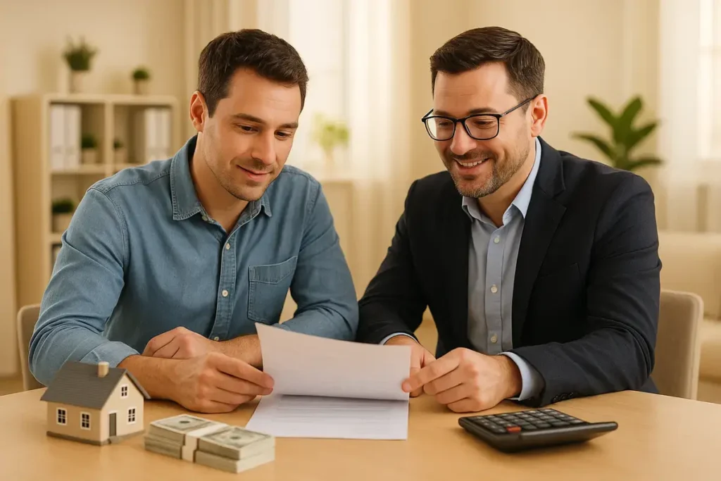 Homeowner discussing mortgage closing costs with a broker, reviewing documents, and ways to save money