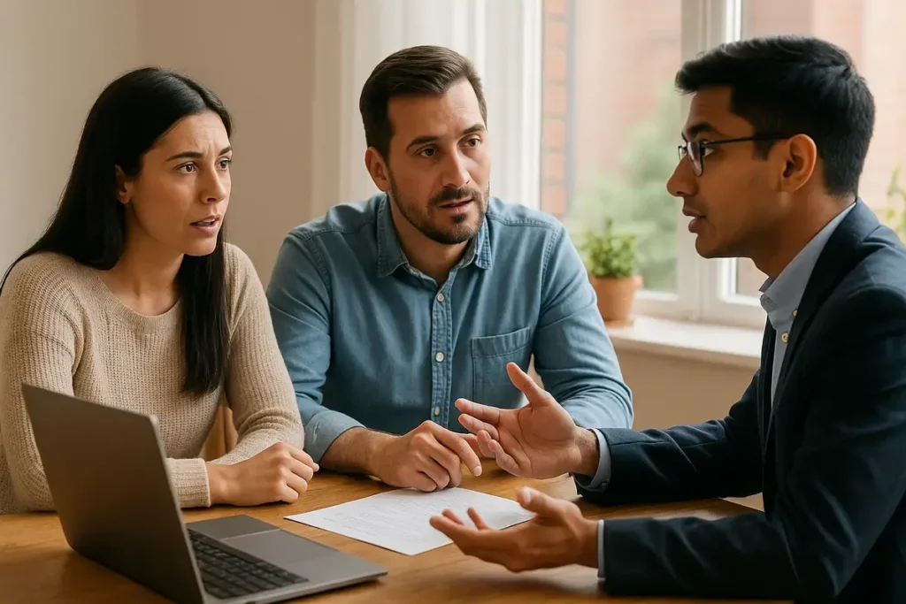 Canadian couple discussing about fixed mortgage rate with a financial advisor