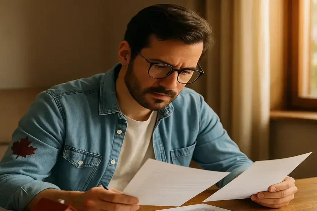 Canadian homeowner reviewing second mortgages with documents