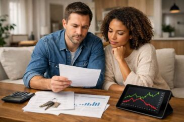 A couple reviewing mortgage documents at a table with a calculator, house keys, and a tablet showing market graphs, representing mortgage market predictions for homebuyers in 2026
