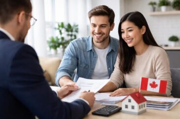 A non-Canadian resident couple meets with a mortgage advisor in an office, reviewing documents and discussing mortgage options in Canada