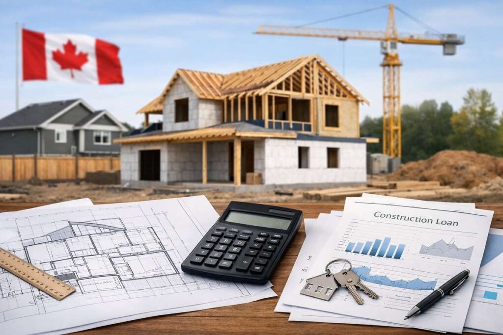 Construction site in Canada with a partially built house, blueprints, and financial documents on a table, representing construction mortgage planning