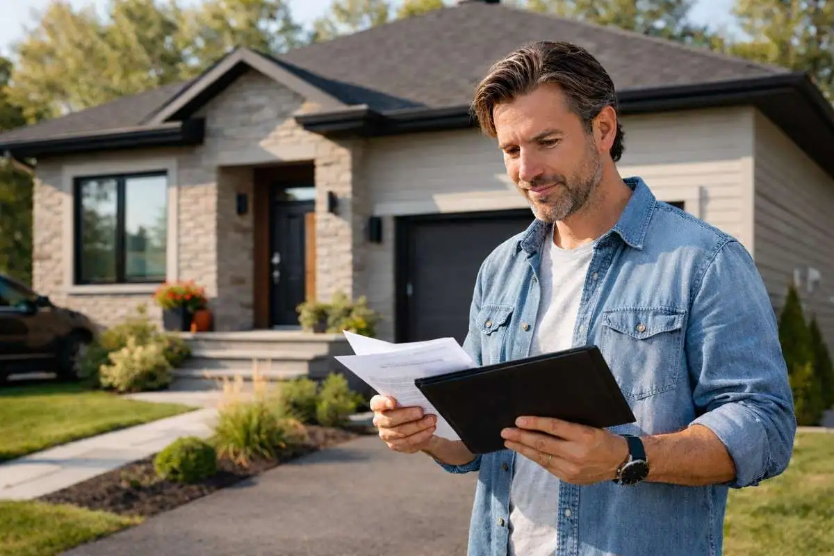 Self-employed man reviewing mortgage documents outside a modern Canadian home