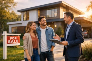 A young couple consulting a mortgage advisor about a no commitment mortgage outside a modern Canadian home
