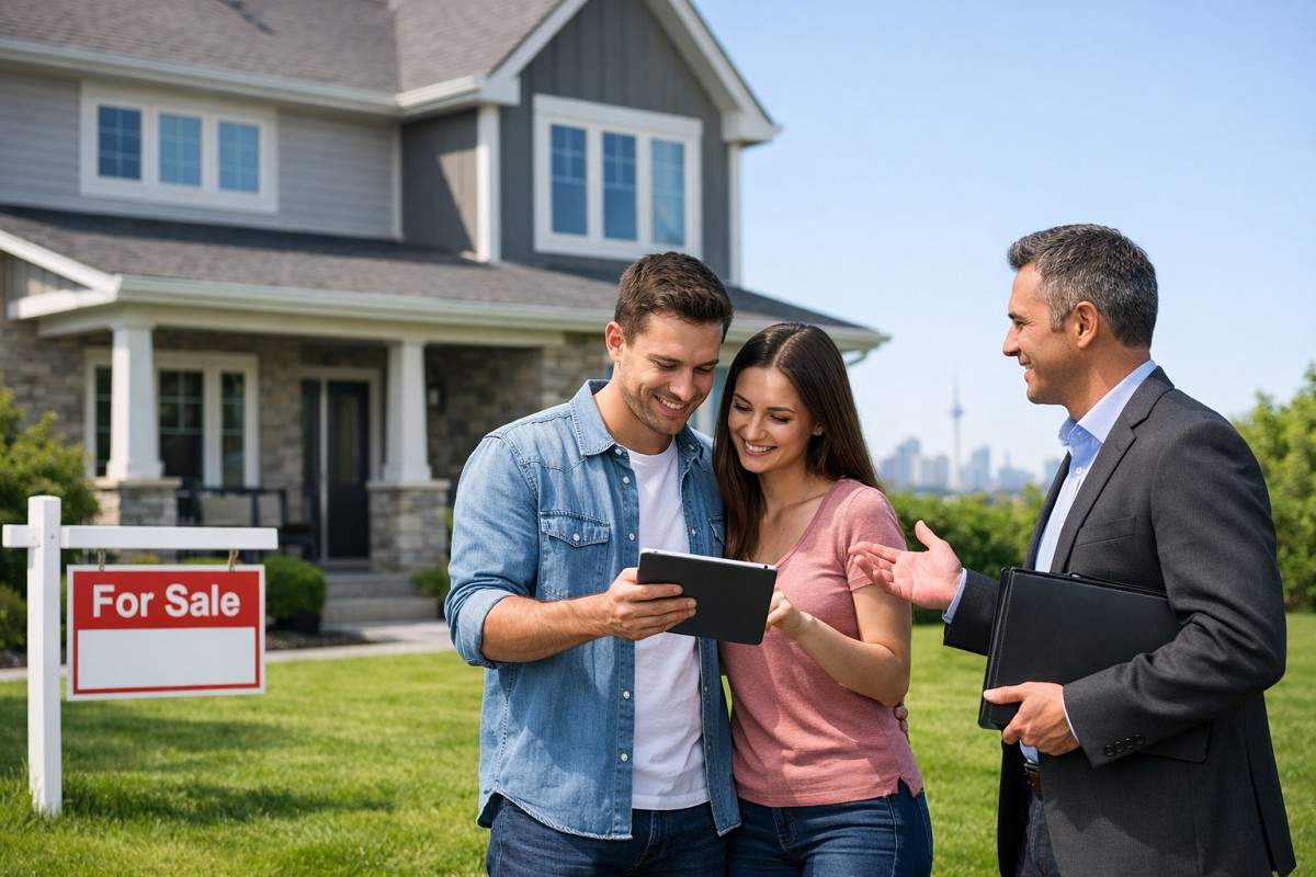 Young couple reviewing affordable mortgage details on a tablet with a real estate agent outside a modern suburban home with a for-sale sign on a sunny day