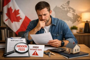 A homebuyer reviewing mortgage documents, highlighting hidden fees and high interest rates, representing how to identify predatory mortgage lenders in Canada