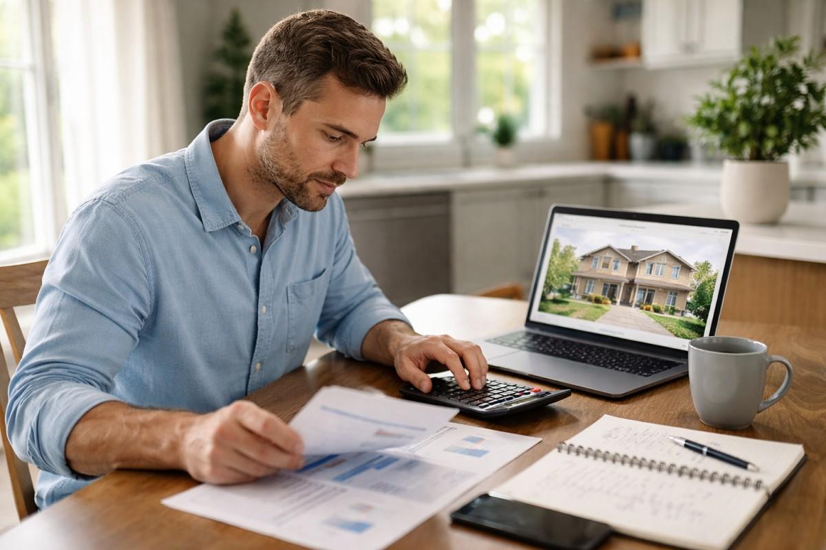 Man reviewing financial documents with a calculator at a laptop showing a house listing, planning a mortgage for investment property