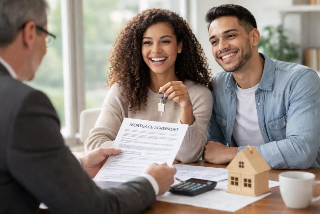 Cheerful couple got house keys and mortgage papers from broker, representing a Canadian cashback mortgage process