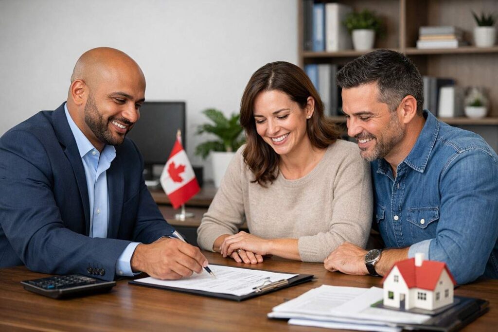 A couple reviewing mortgage insurance documents with a professional advisor