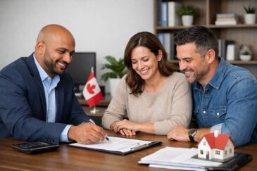 A couple reviewing mortgage insurance documents with a professional advisor