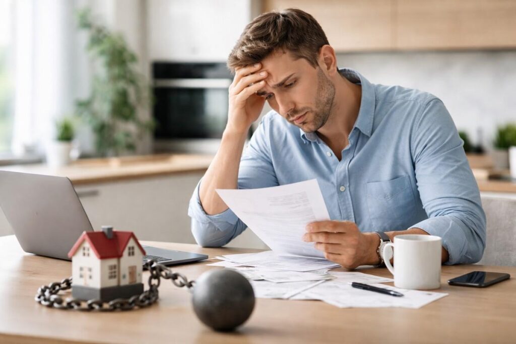 Worried person reviewing a paper with mortgage options, exploring ways to get a mortgage with bad credit