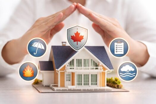 Hands protecting a model house surrounded by icons of fire, flood, insurance, a checklist, and a Canadian maple leaf, symbolizing home insurance in Canada