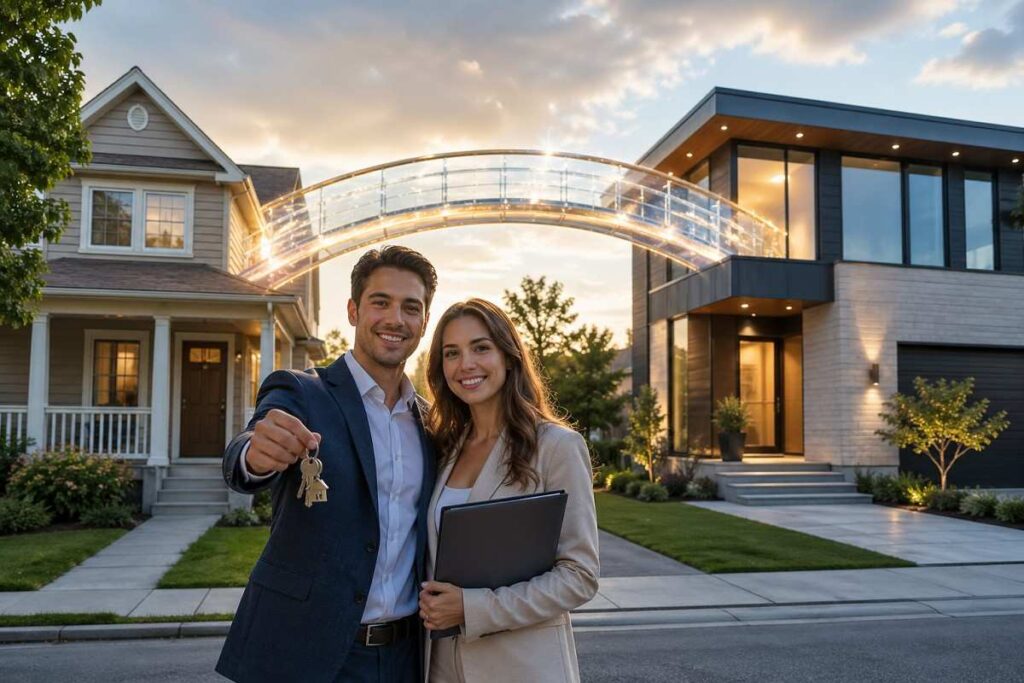 A realistic image showing a couple standing between two houses connected by a glowing bridge, representing a bridge mortgage and home transition