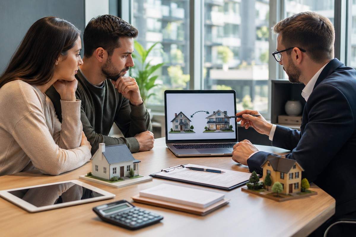 Couple meeting a mortgage advisor in an office discussing mortgage porting with house models and documents