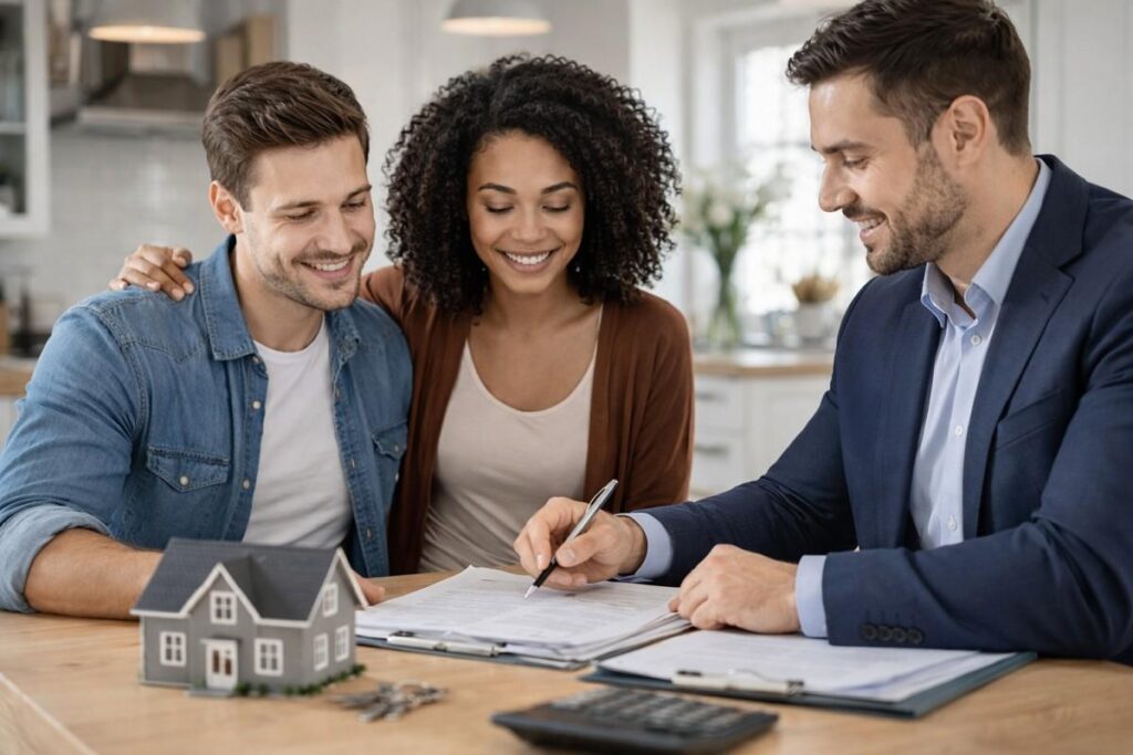 A couple sitting with a mortgage broker at a desk, discussing a Home Purchase Plus Improvements Mortgage, with documents