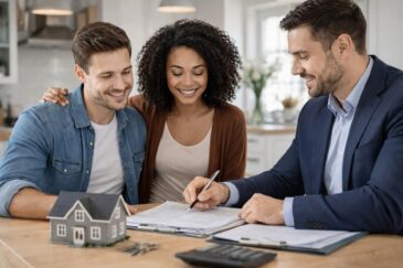 A couple sitting with a mortgage broker at a desk, discussing a Home Purchase Plus Improvements Mortgage, with documents