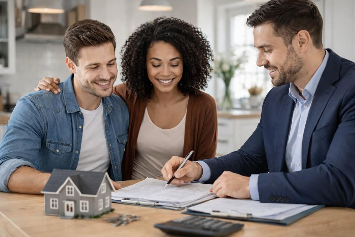 A couple sitting with a mortgage broker at a desk, discussing a Home Purchase Plus Improvements Mortgage, with documents