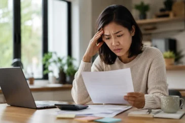 Concerned young woman reviewing mortgage paperwork to avoid costly mortgage quote mistakes and home loan stress in 2026