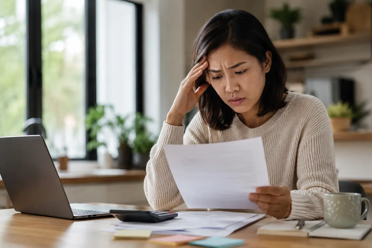 Concerned young woman reviewing mortgage paperwork to avoid costly mortgage quote mistakes and home loan stress in 2026