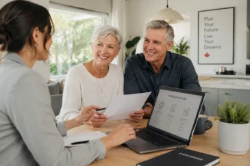 Smiling retired couple meeting with a mortgage advisor in a modern office, discussing retirement mortgage options for 2026