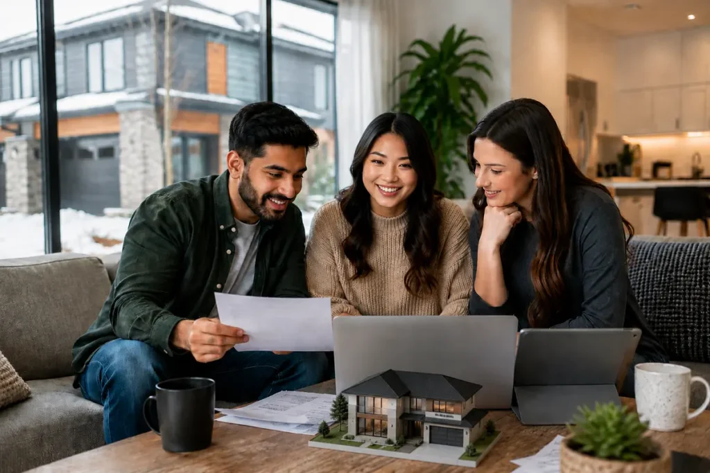 Three millennials in a modern Canadian home reviewing mortgage documents and house plans together on a laptop