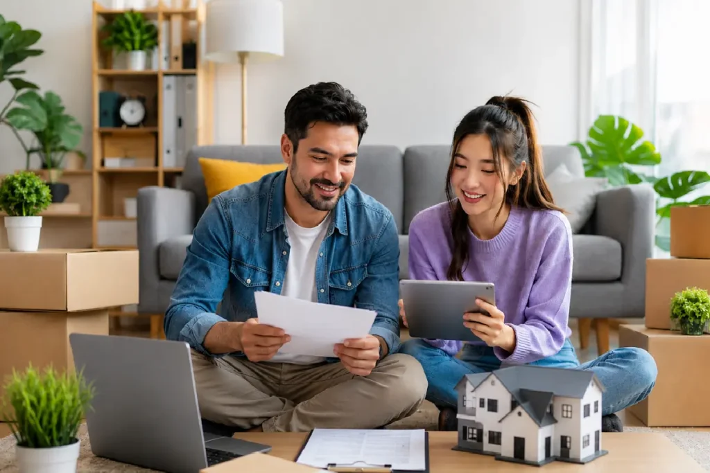 Gen Z and Millennial homebuyers discussing mortgage qualification, budgeting, and homeownership plans in a bright living room
