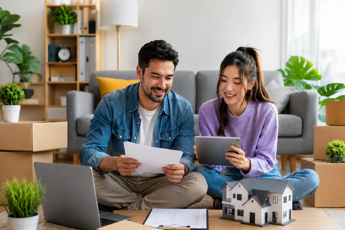 Gen Z and Millennial homebuyers discussing mortgage qualification, budgeting, and homeownership plans in a bright living room