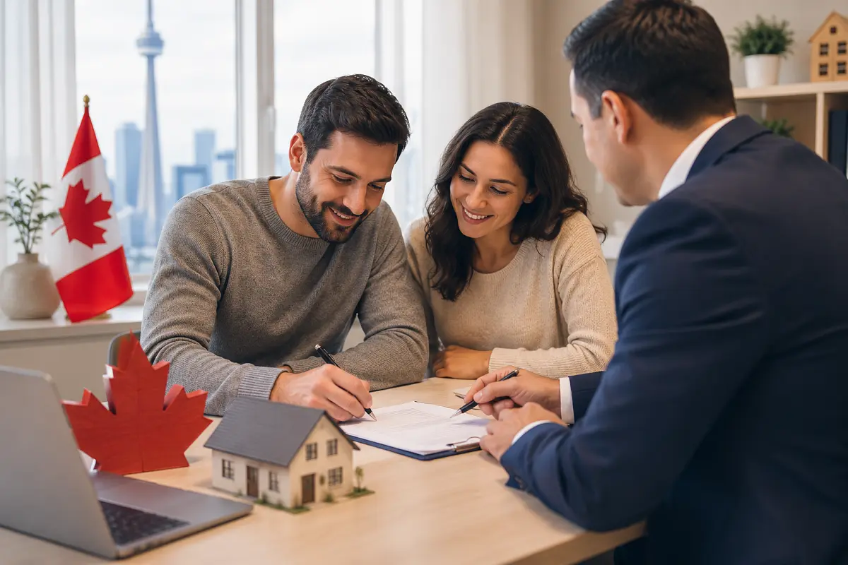 Homebuyers consulting a mortgage broker in Canada to compare lenders and get the best mortgage quotes for a home purchase