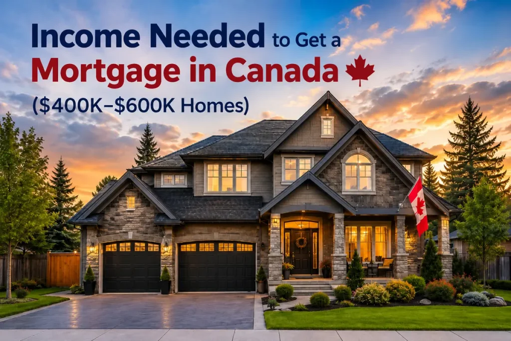 Canadian home exterior with overlay text about income needed to qualify for a $400K–$600K mortgage in Canada