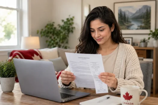 Canadian homeowner reviewing mortgage documents and tax papers, representing mortgage interest tax rules and financial planning
