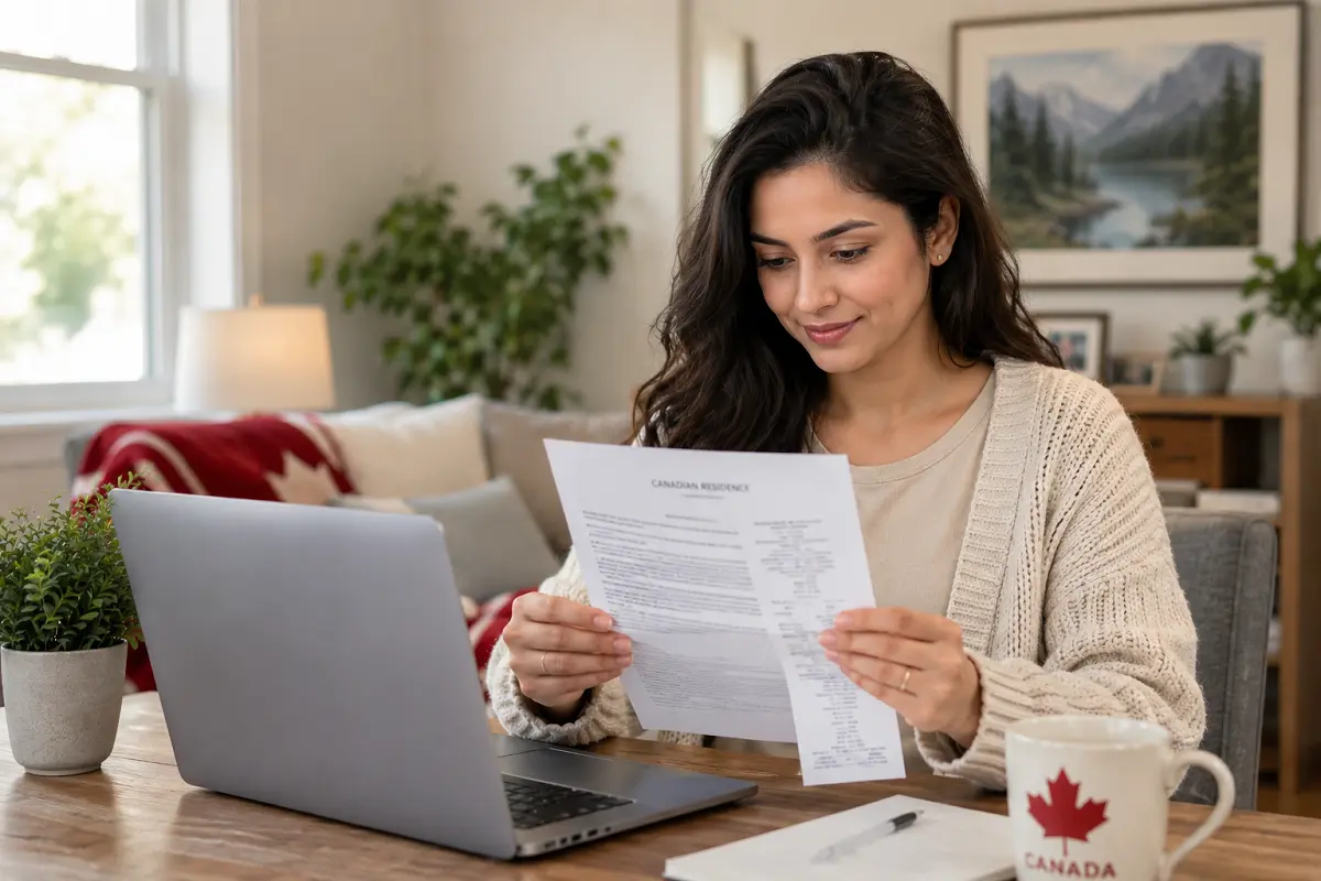 Canadian homeowner reviewing mortgage documents and tax papers, representing mortgage interest tax rules and financial planning
