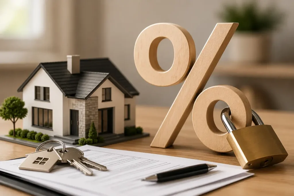 Modern house model, locked percent sign, and home loan documents illustrating the concept of a mortgage rate lock