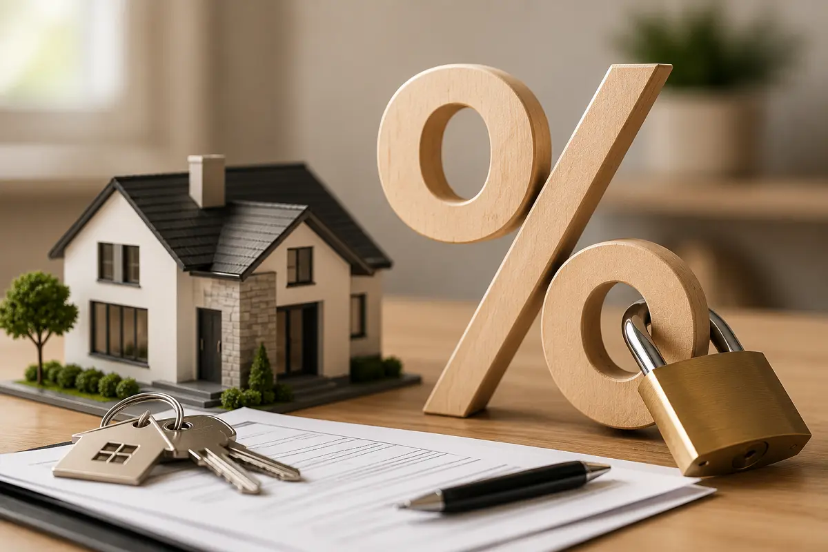 Modern house model, locked percent sign, and home loan documents illustrating the concept of a mortgage rate lock