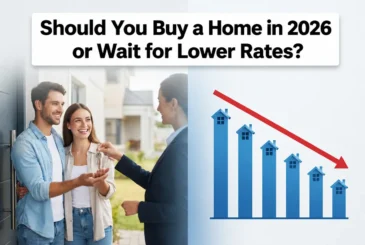 Couple receiving house keys from a real estate agent beside a graph showing falling mortgage rates, illustrating the decision to buy a home in 2026 or wait for lower rates