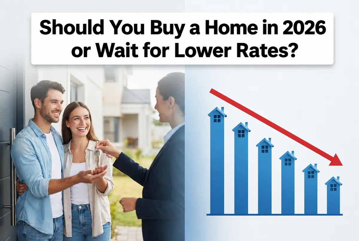 Couple receiving house keys from a real estate agent beside a graph showing falling mortgage rates, illustrating the decision to buy a home in 2026 or wait for lower rates