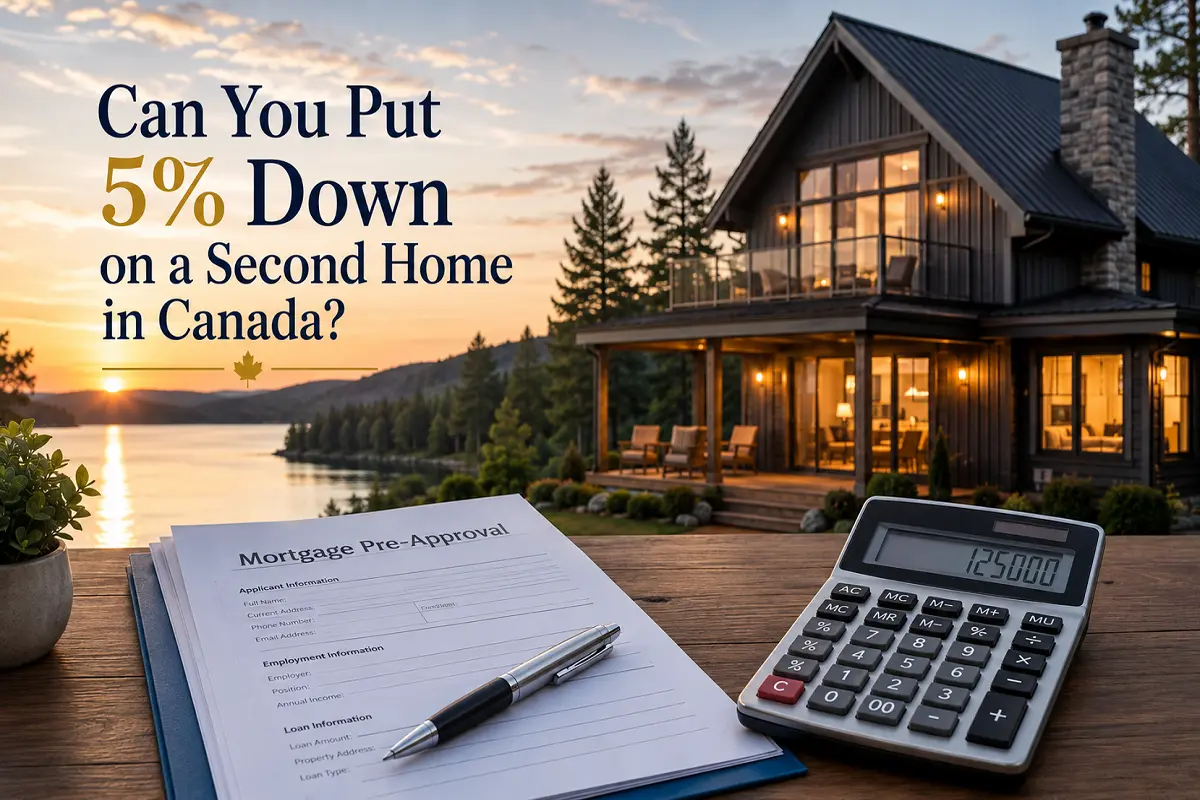 Modern home with mortgage pre-approval documents and a calculator, representing 5% down financing for a second home in Canada