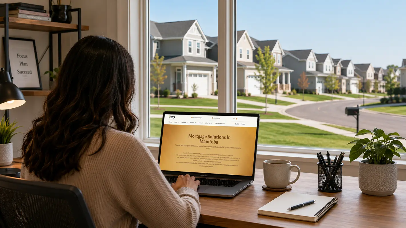 A homebuyer researching the best mortgage brokerage in Manitoba on a laptop, with a Manitoba residential neighborhood visible through large windows