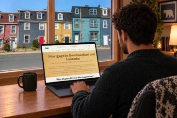 A homebuyer researching the best mortgage brokerage in Newfoundland and Labrador on a laptop, with a Newfoundland and Labrador residential neighborhood visible through large windows