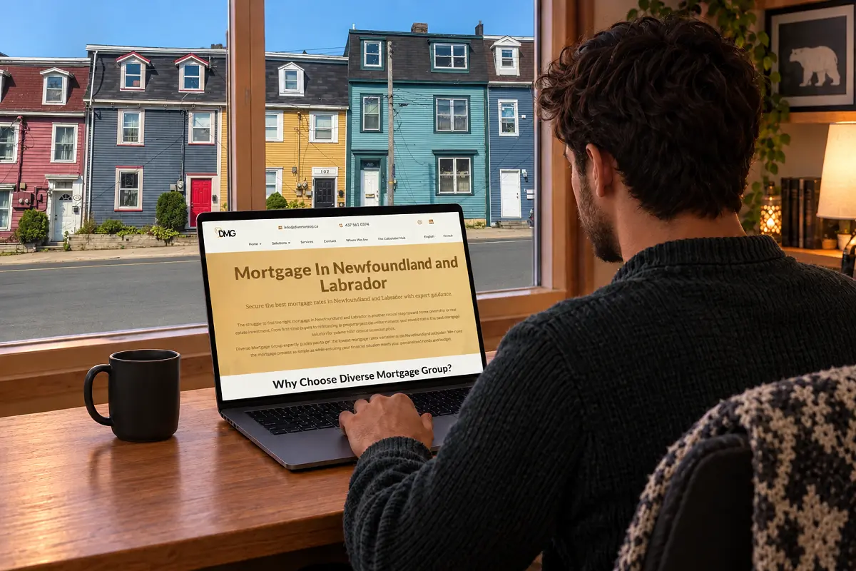 A homebuyer researching the best mortgage brokerage in Newfoundland and Labrador on a laptop, with a Newfoundland and Labrador residential neighborhood visible through large windows