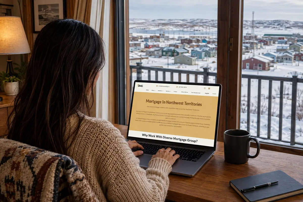 A homebuyer researching the best mortgage brokerage in NWT on a laptop, with a NWT residential neighborhood visible through large windows