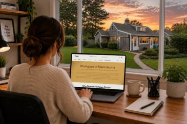A homebuyer researching the best mortgage brokerage in Nova Scotia on a laptop, with a Nova Scotia residential neighborhood visible through large windows