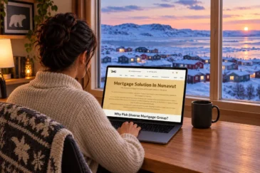 A homebuyer researching the best mortgage brokerage in Nunavut on a laptop, with a Nunavut residential neighborhood visible through large windows