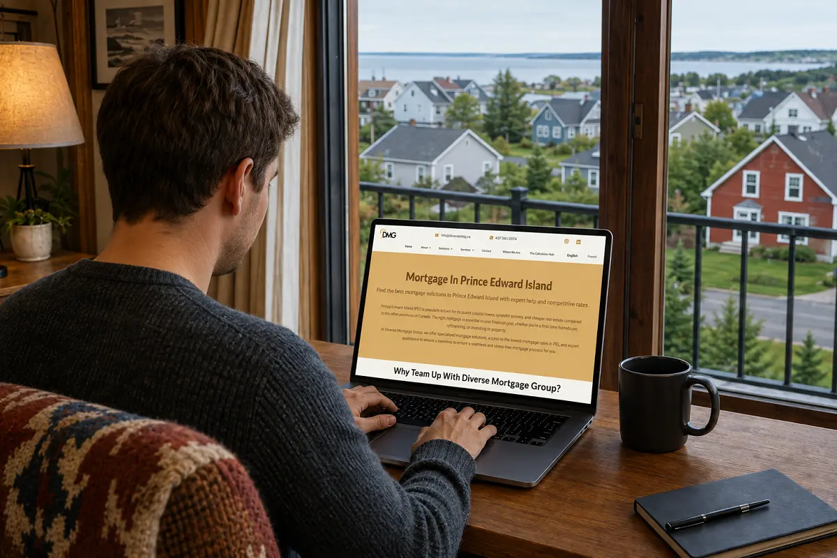 Homebuyer researching the best mortgage brokerage in Prince Edward Island on a laptop
