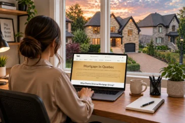 A homebuyer researching the best mortgage brokerage in Quebec on a laptop, with a Quebec residential neighborhood visible through large windows