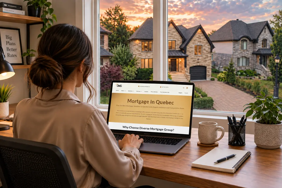 A homebuyer researching the best mortgage brokerage in Quebec on a laptop, with a Quebec residential neighborhood visible through large windows