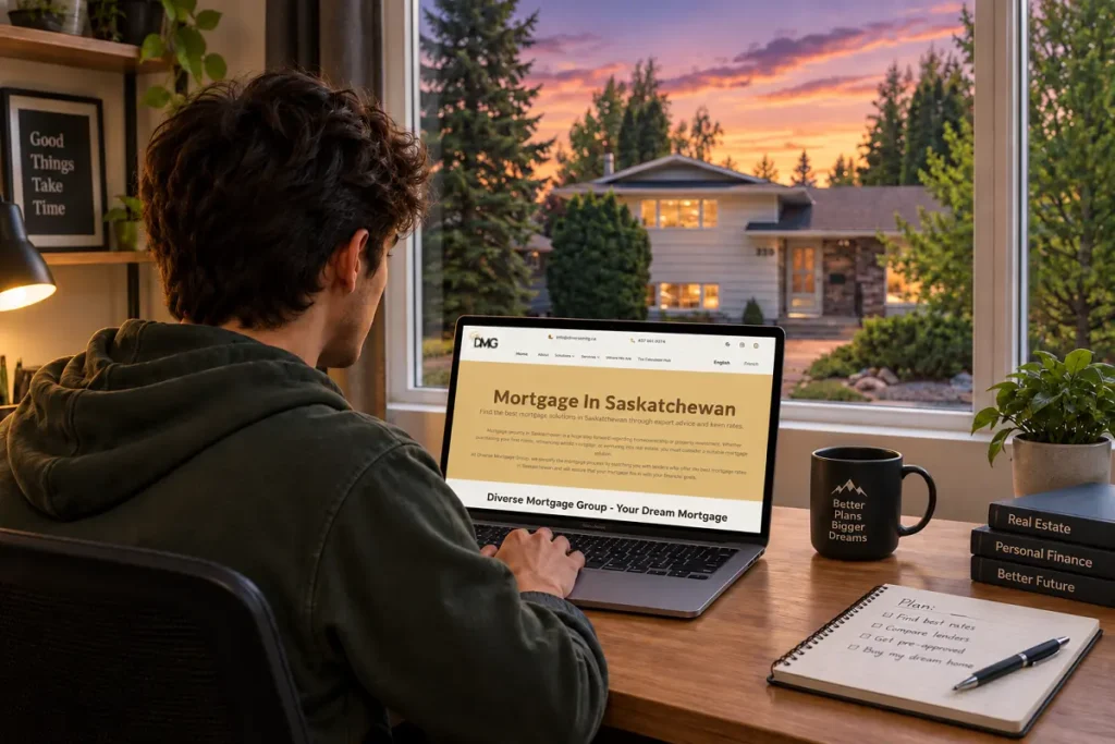 A homebuyer researching the best mortgage brokerage in Saskatchewan on a laptop, with a Saskatchewan residential neighborhood visible through large windows