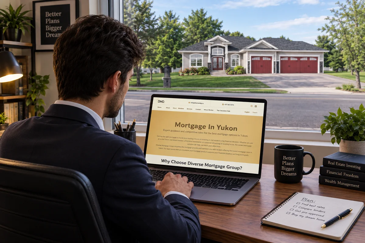 A homebuyer researching the best mortgage brokerage in Yukon on a laptop, with a Yukon residential neighborhood visible through large windows