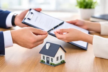 Mortgage broker handing a pen to a client while reviewing mortgage documents to help a homebuyer save more money in 2027